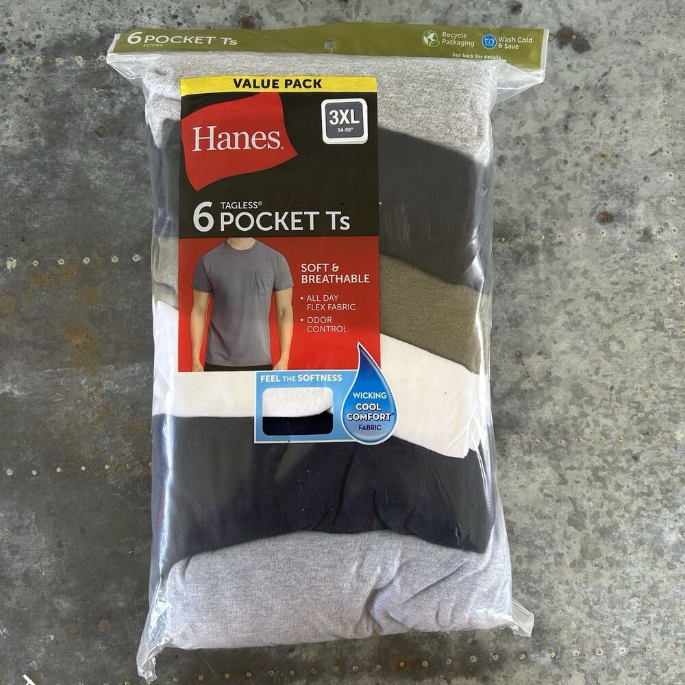 6 Pack Hanes Men's Value Pack Assorted Pocket T-Shirt Undershirts Size 3XL NEW